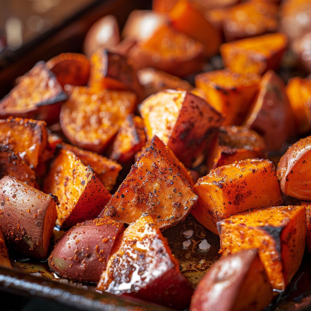 Close-up of roasted sweet potatoes with a golden-brown exterior and soft texture.