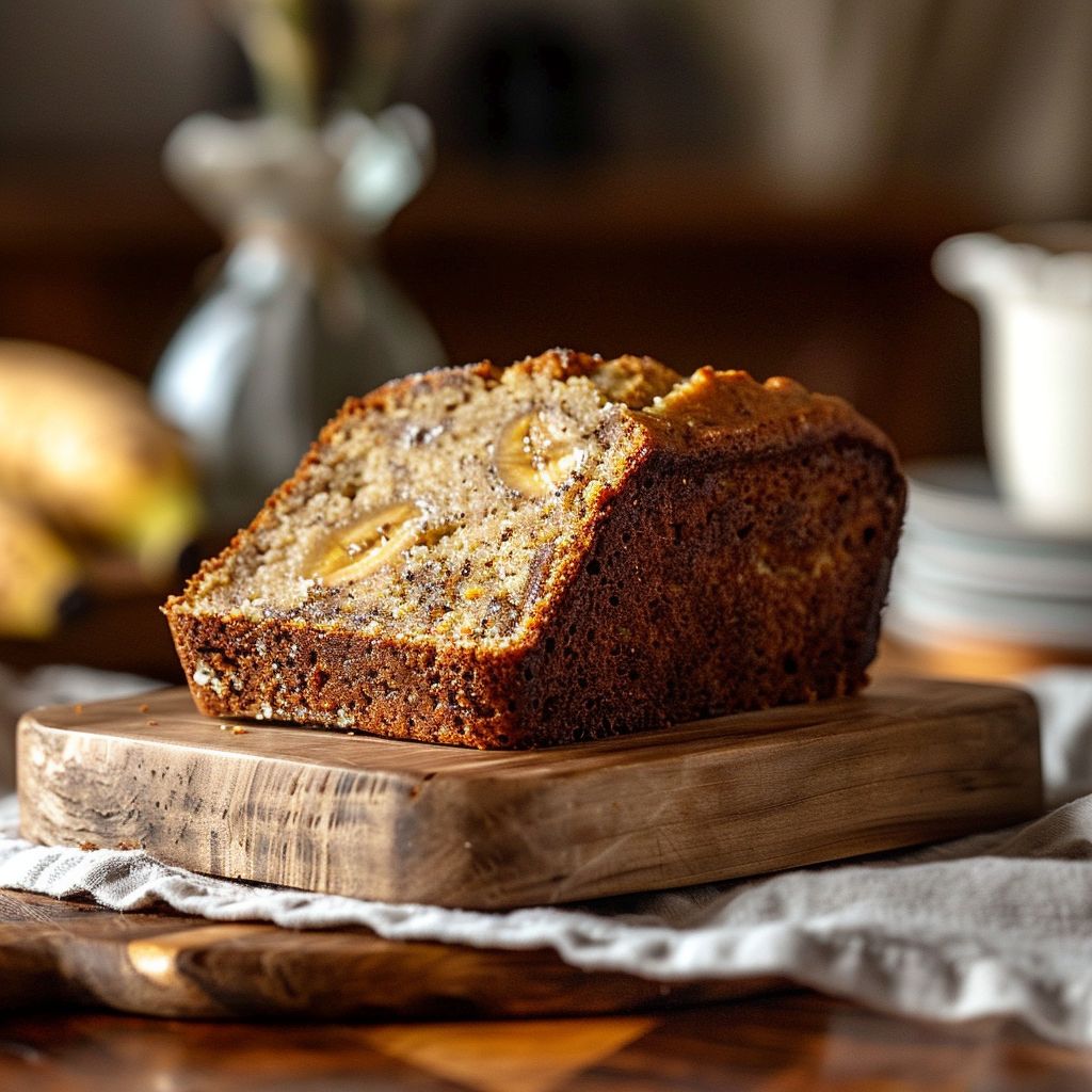 Close-up of a perfectly sliced banana bread made with cake mix on a wooden board.