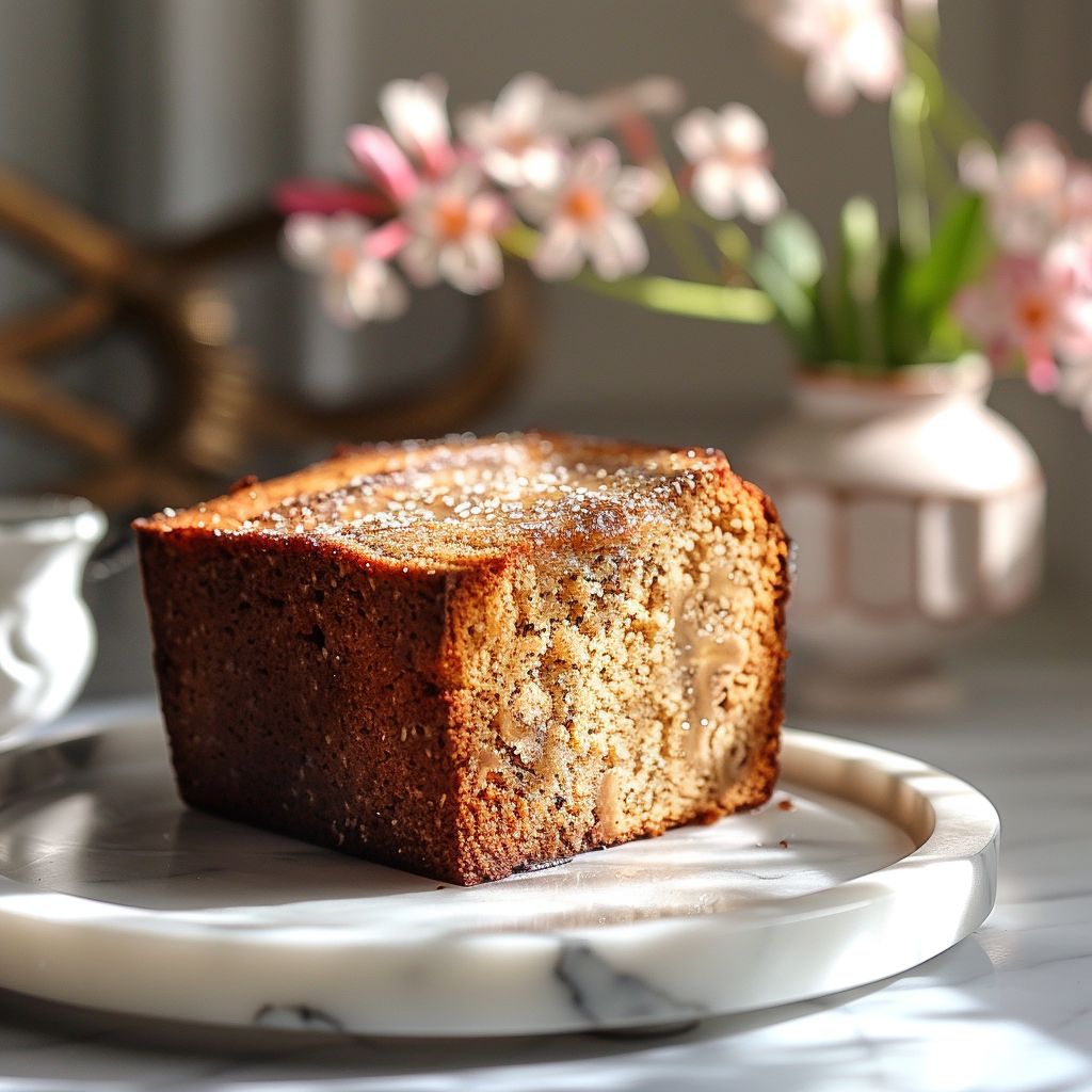 Close-up of a slice of banana bread made from cake mix, elegantly displayed on a marble countertop.