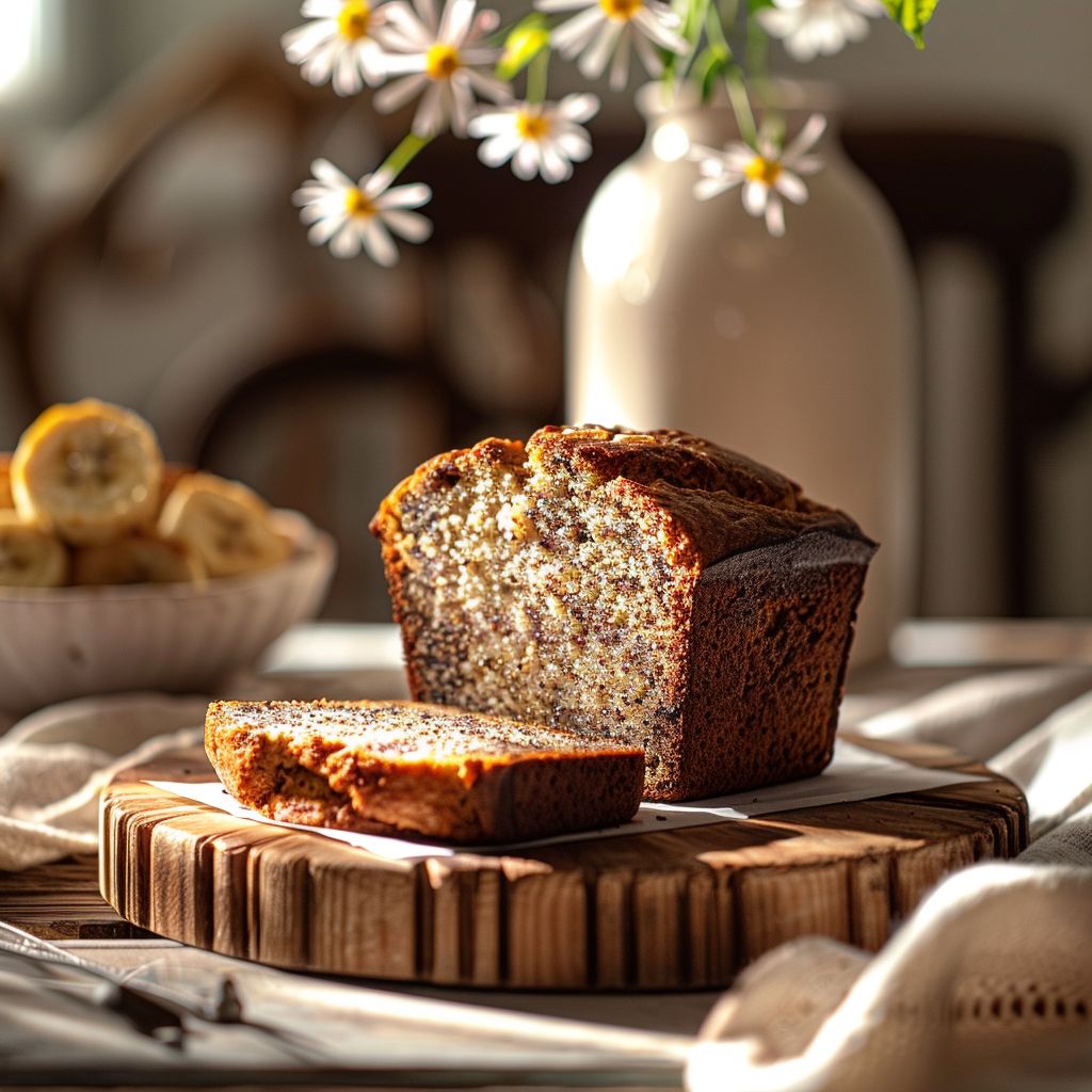 A close-up shot of a slice of banana bread on a wooden board, illuminated by natural light.