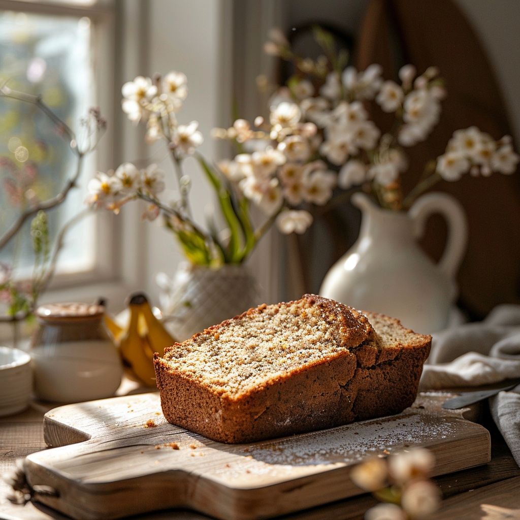 A close-up slice of banana bread made from cake mix on a wooden board, illuminated by soft natural light.