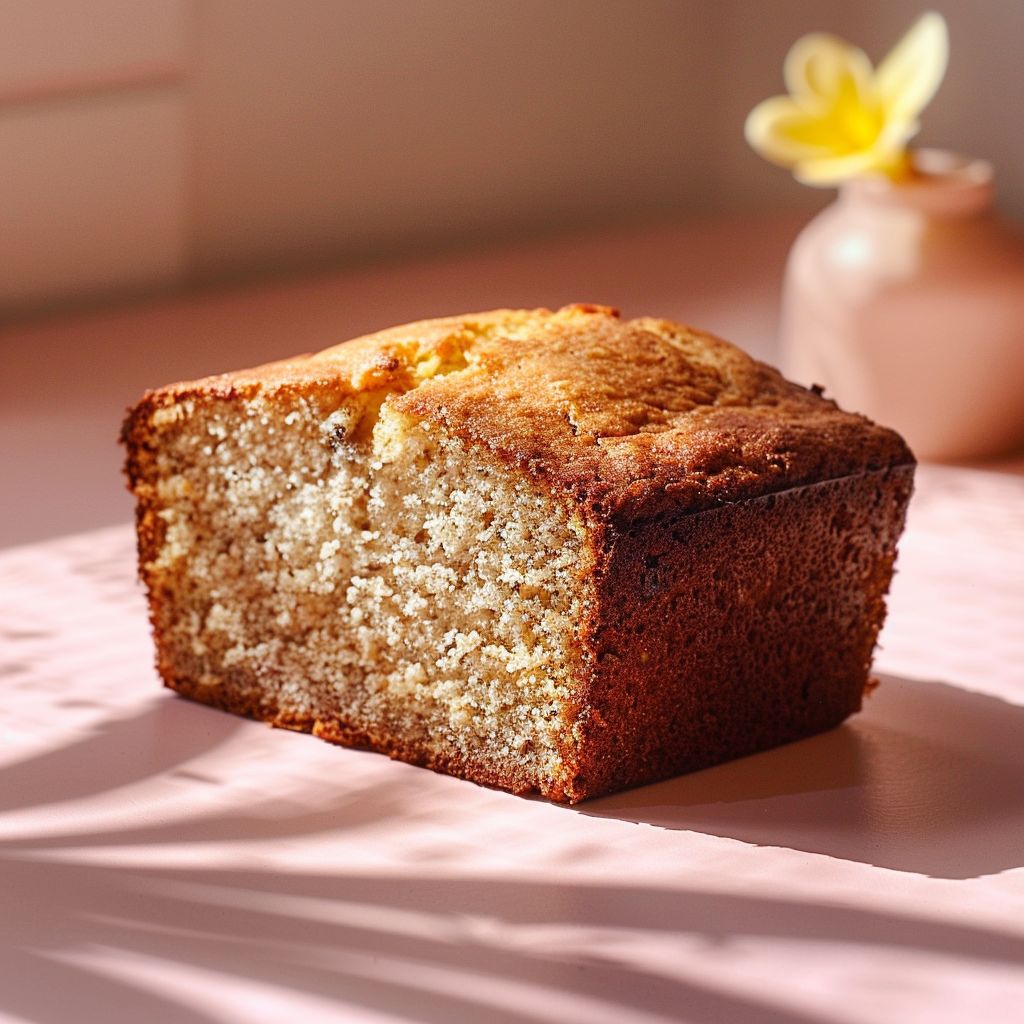 A close-up slice of banana bread made from cake mix on a wooden board, illuminated by natural light.