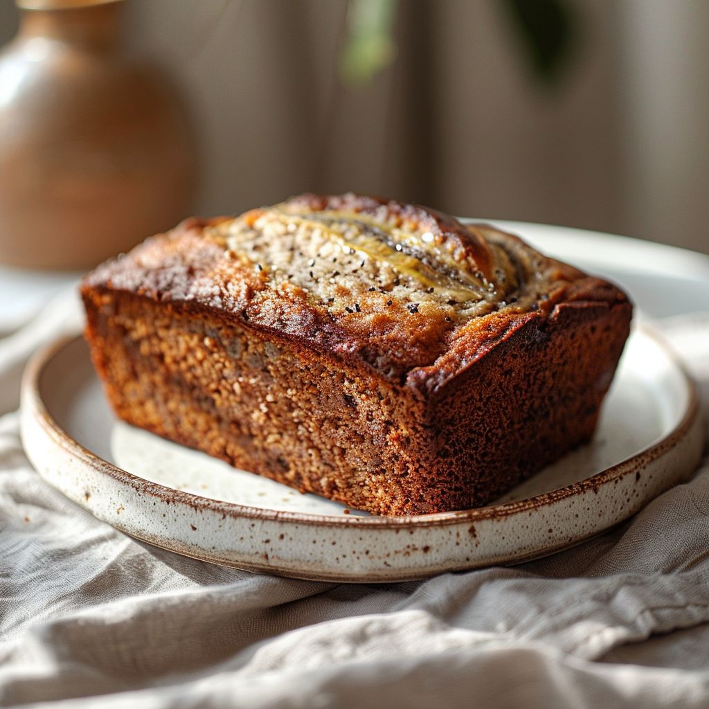 A close-up of gluten-free banana bread on a light grey ceramic plate.