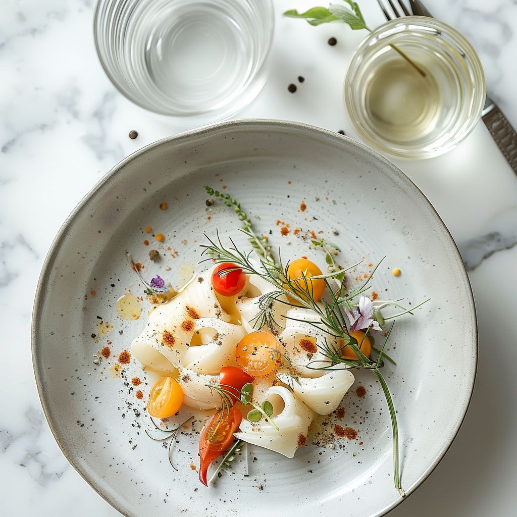 Elegant flatlay of a healthy meal representing a weight loss journey, styled on a white marble countertop.