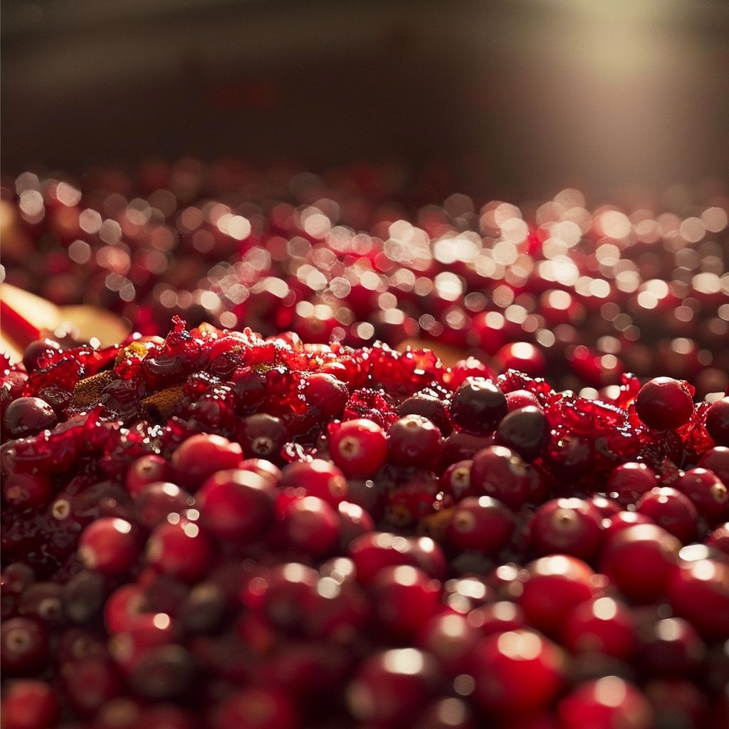 Close-up shot of a vibrant cranberry apple mix with fresh cranberries and diced apples.