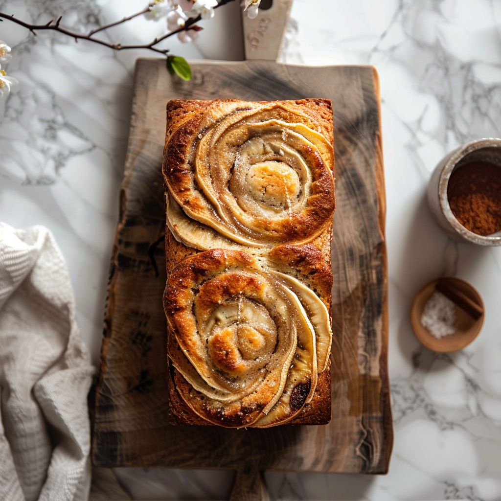A top-down view of cinnamon swirl banana bread on a light wooden board, surrounded by soft natural light.