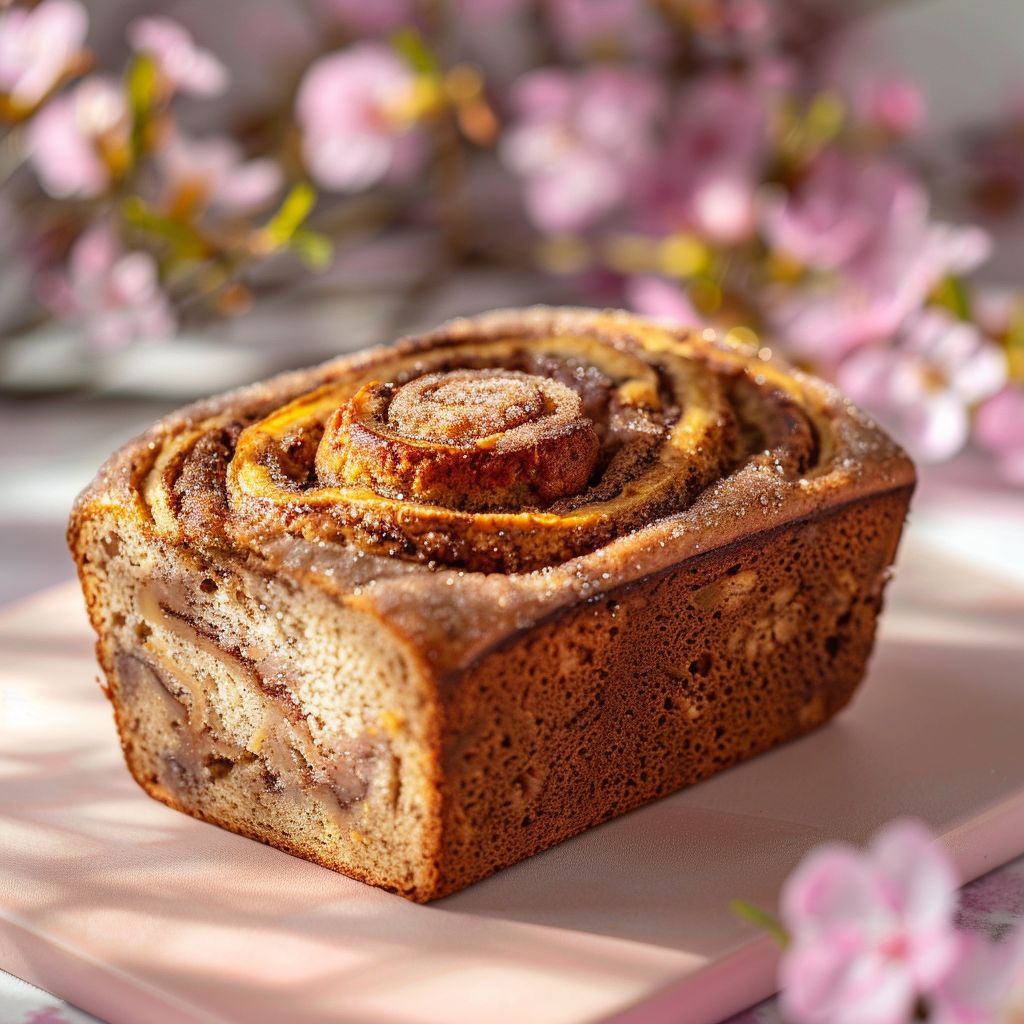 A slice of moist banana bread with a cinnamon swirl on a pale pink surface.