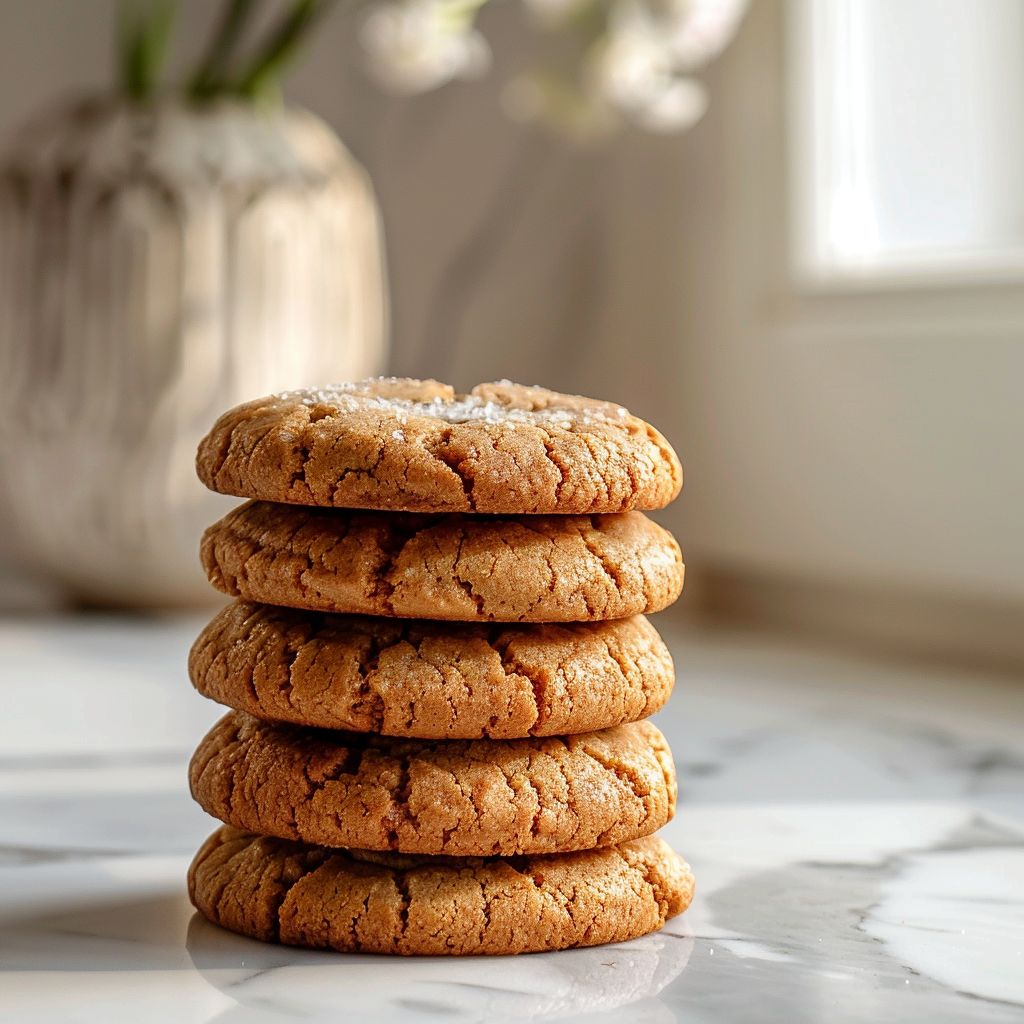 A stack of banana bread cookies on a white marble countertop, illuminated by natural light.
