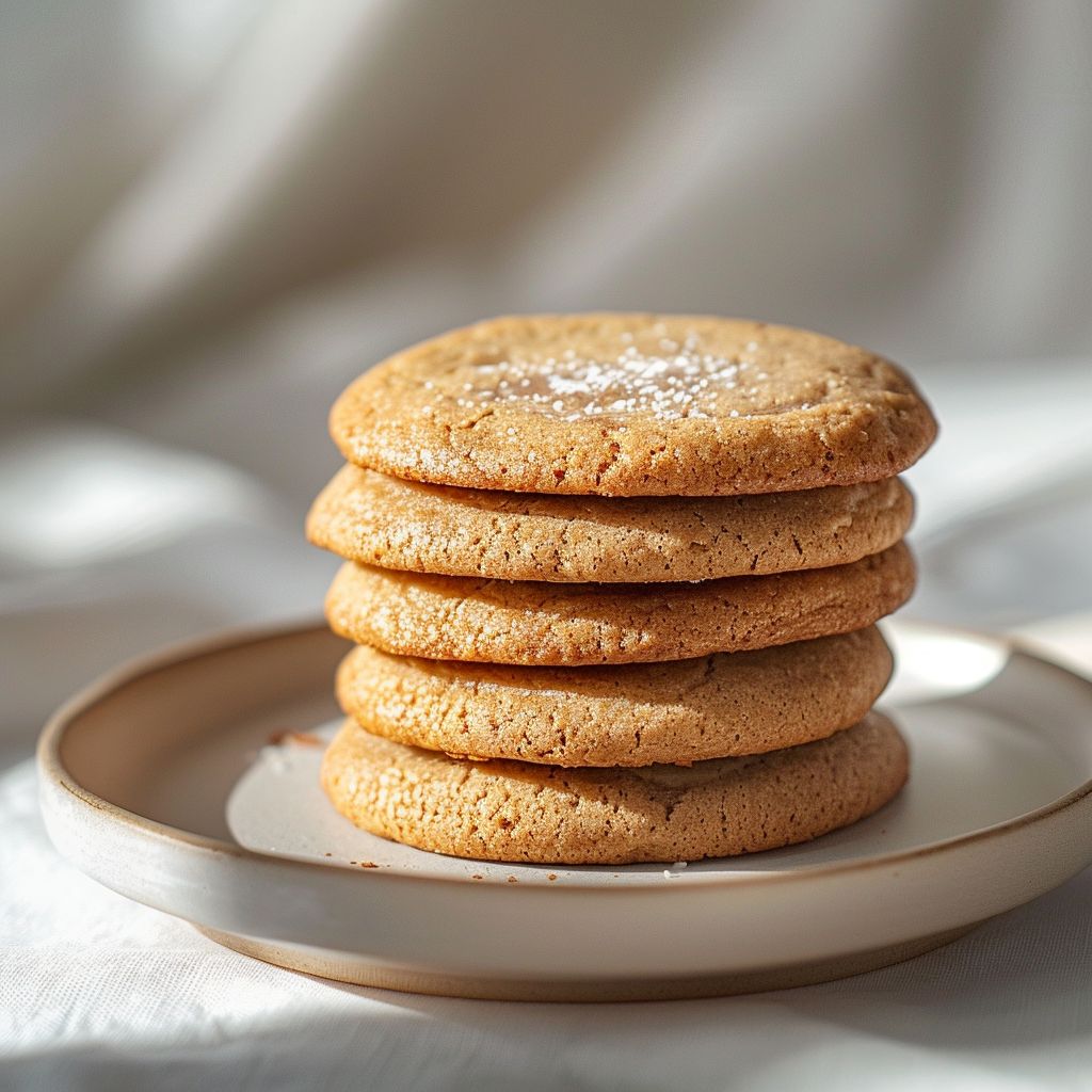 A top-down view of a stack of banana bread cookies on a light grey ceramic plate.