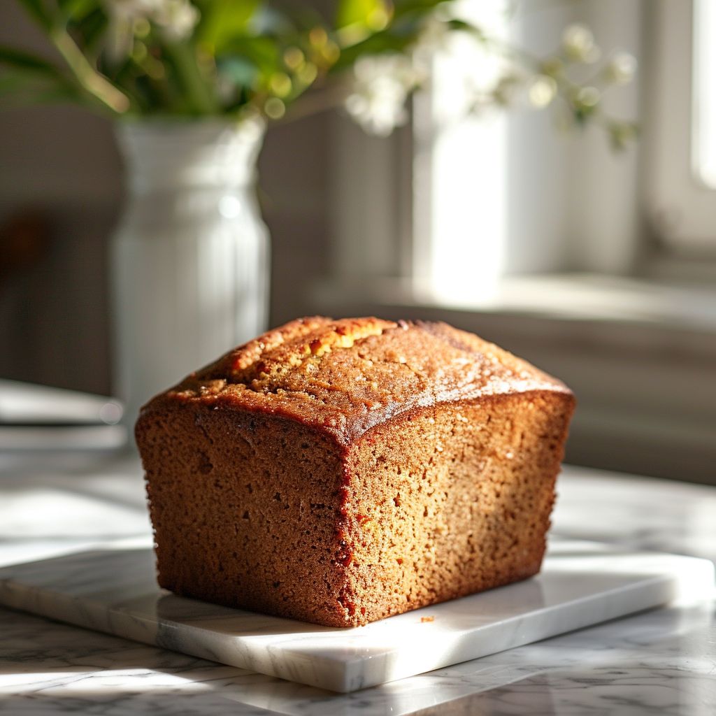 A slice of gluten free banana bread on a white marble countertop.