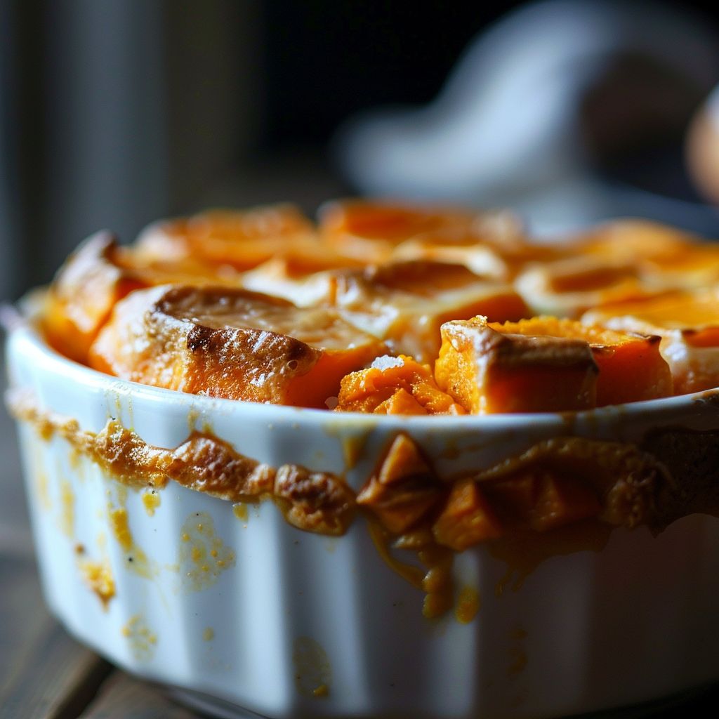 Close-up of a light and fluffy Sweet Potato Soufflé with a golden-brown top, illuminated by soft, natural light.