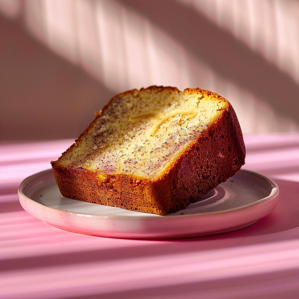 A close-up slice of yellow cake mix banana bread on a pale pink surface.