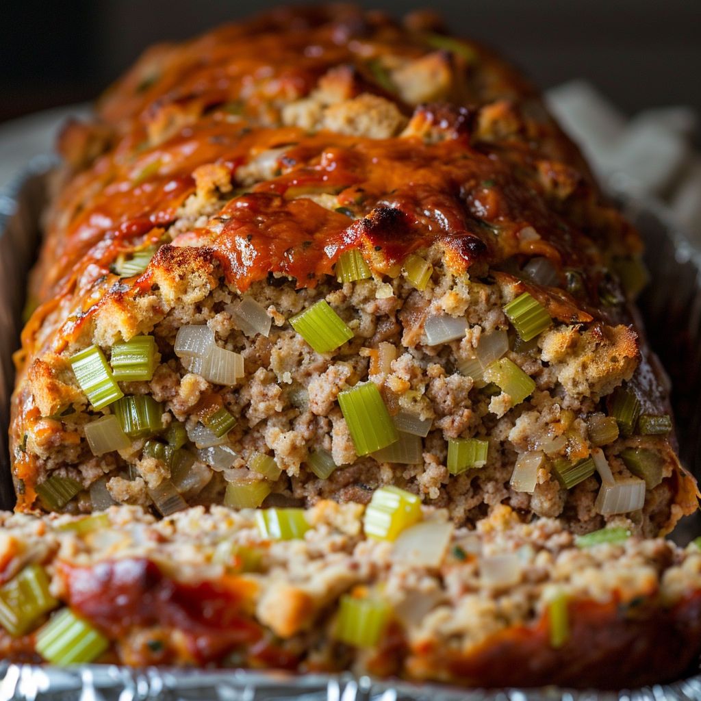 A close-up shot of a Turkey Stuffing Meatloaf, showcasing its tender texture and glistening glaze.