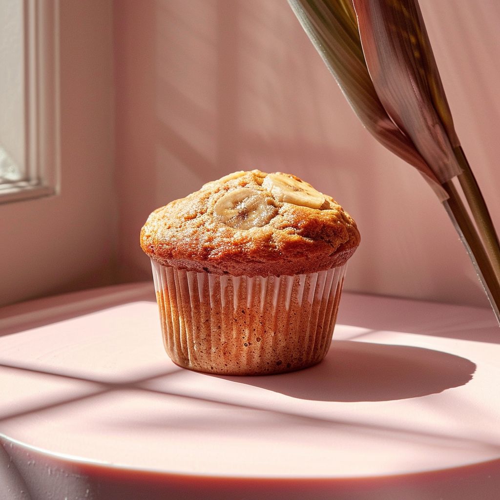 A close-up view of cinnamon banana bread muffins arranged on a pale pink surface, with bright natural light illuminating the scene.
