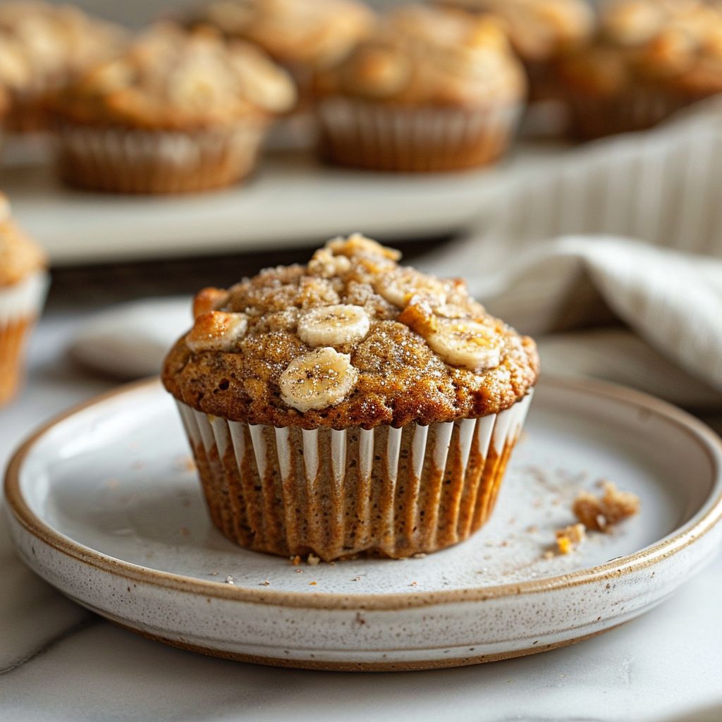 Close-up shot of cinnamon banana bread muffins on a light grey plate.