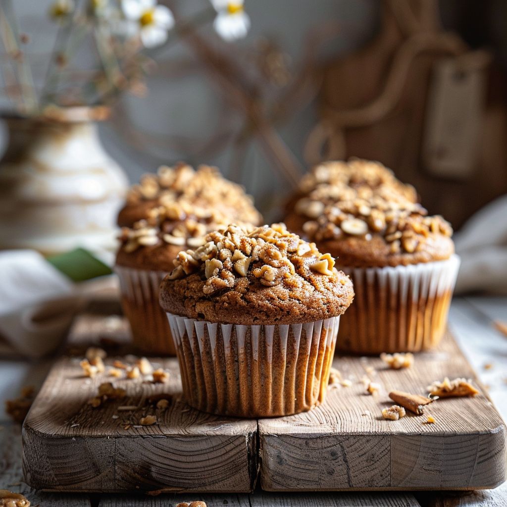 A close-up view of cinnamon banana bread muffins on a wooden board, illuminated by natural light.