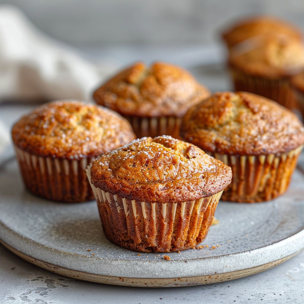 Close-up of cinnamon banana bread muffins on a light grey plate.