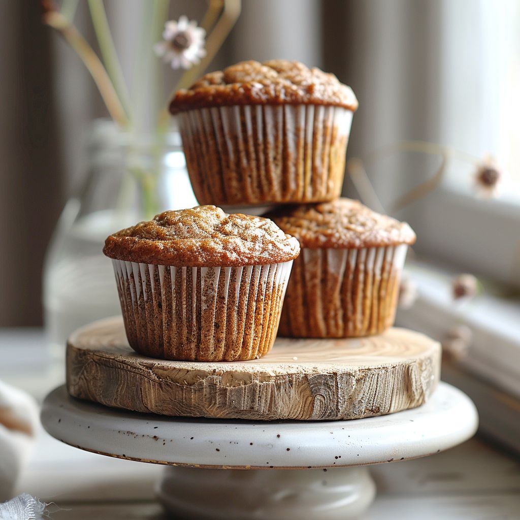A plate of cinnamon banana bread muffins on a light wooden board with soft natural lighting.