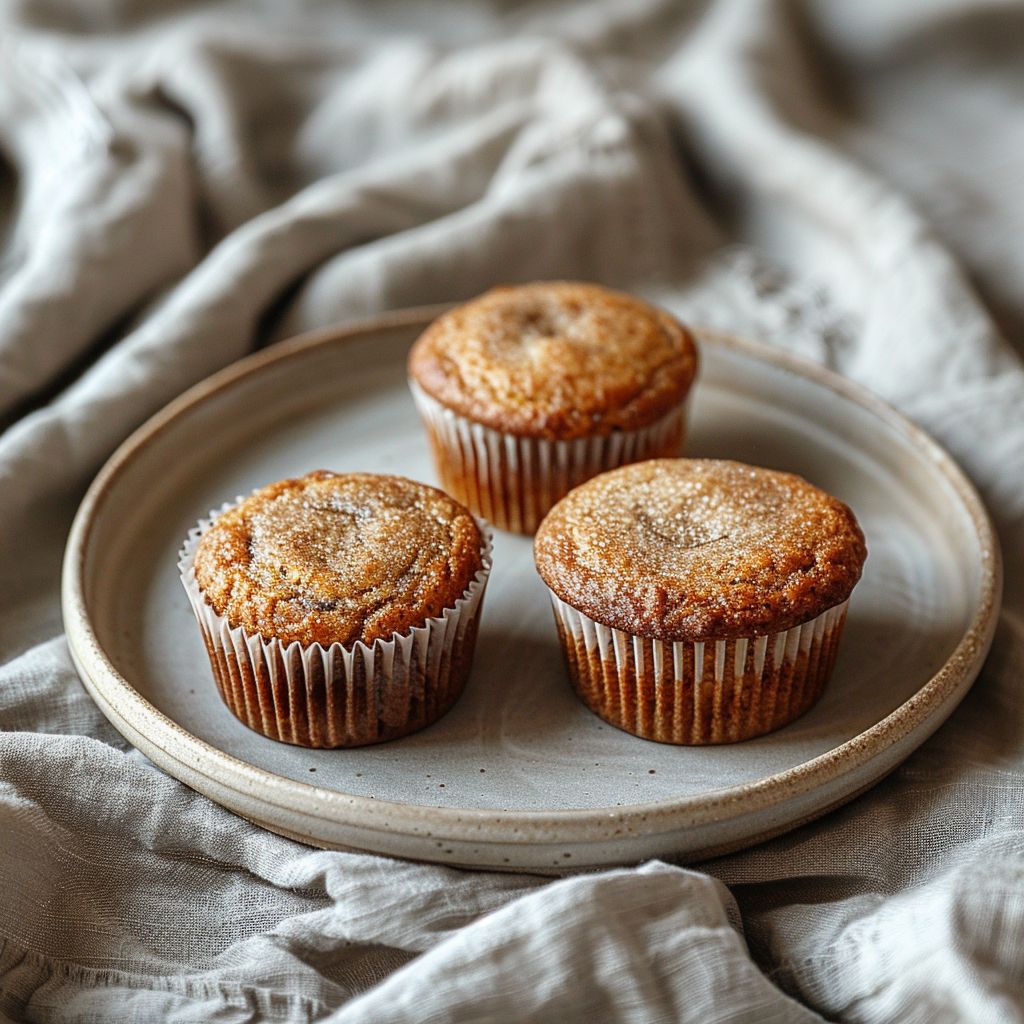 A top-down view of cinnamon banana bread muffins on a light grey plate, well-lit with natural light.