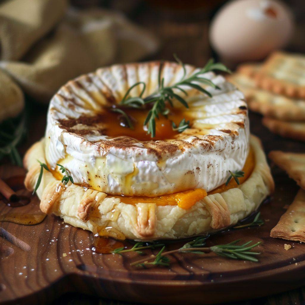 A close-up of a golden-brown baked Pumpkin Brie topped with fresh rosemary on a rustic wooden board.