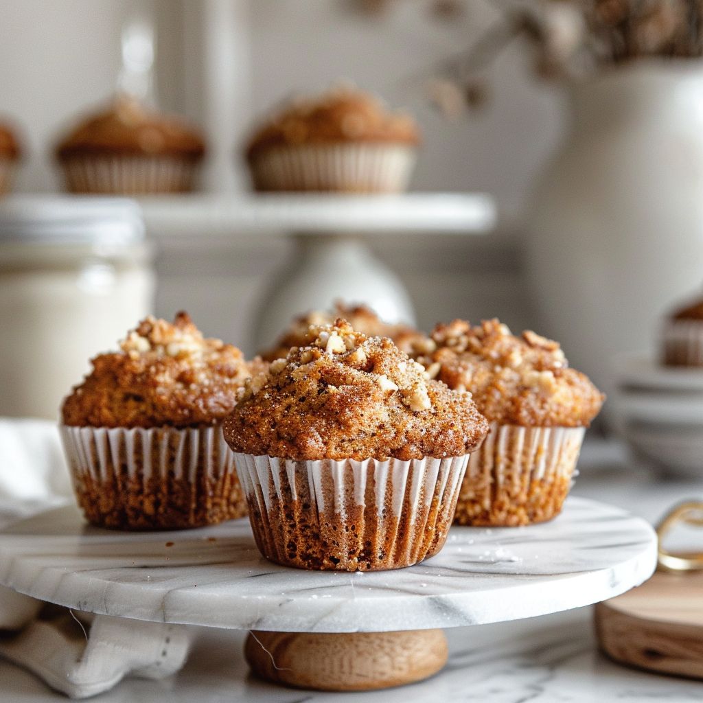 A close-up view of cinnamon banana bread muffins on a white marble countertop, with natural light illuminating the scene.