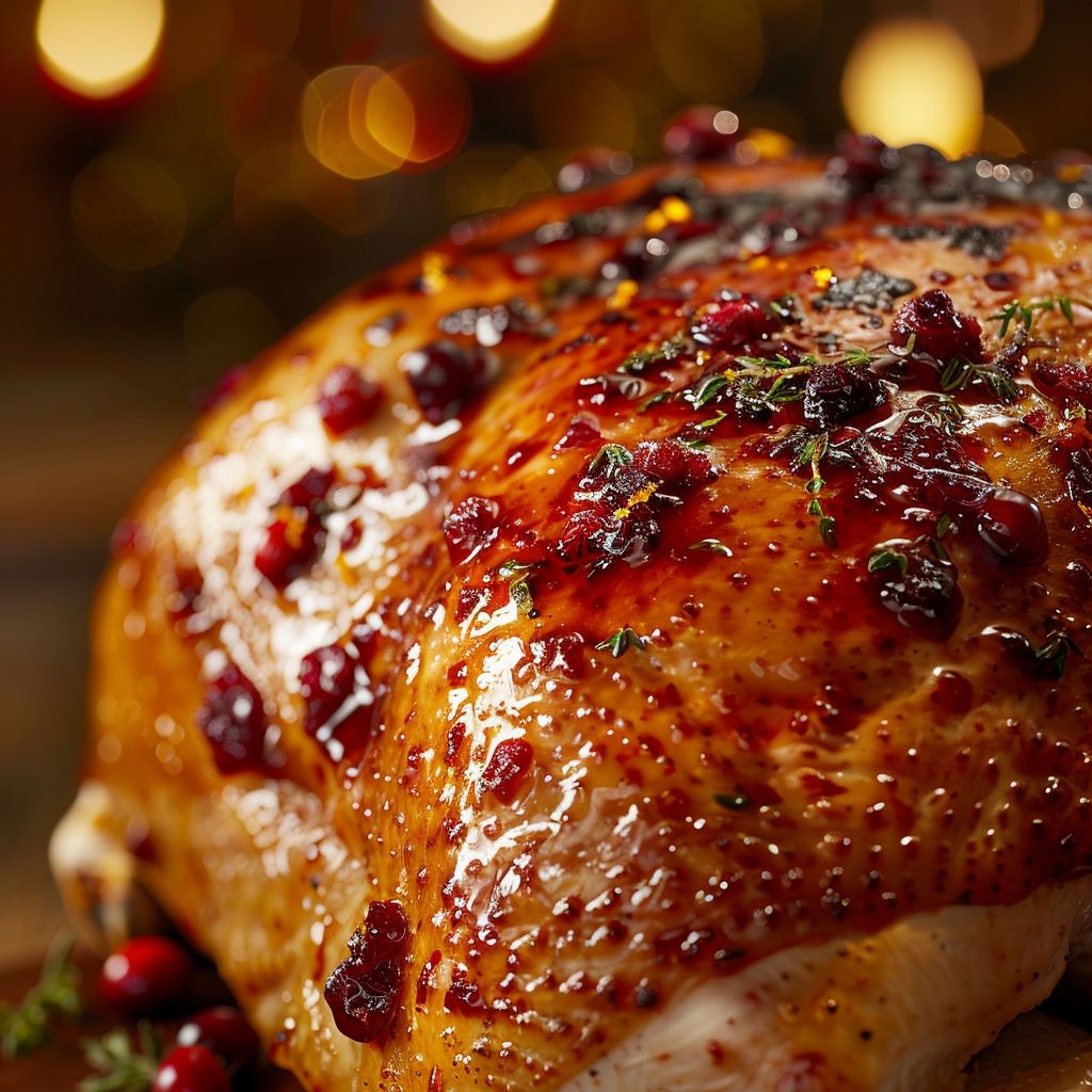 Close-up of a glazed turkey breast topped with cranberries and orange slices.