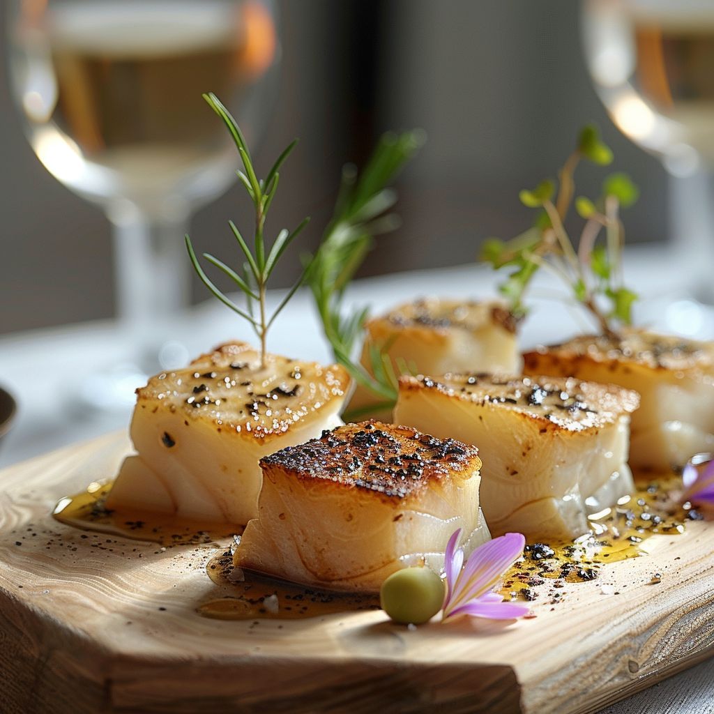 Close-up of elegantly styled food on a light wooden board, illuminated with bright natural light.