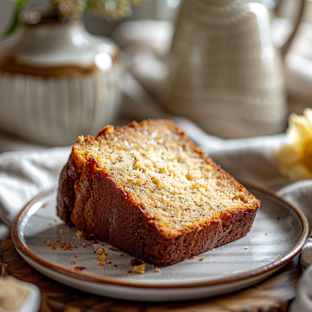 A slice of banana bread made with cake mix pudding on a light grey plate.