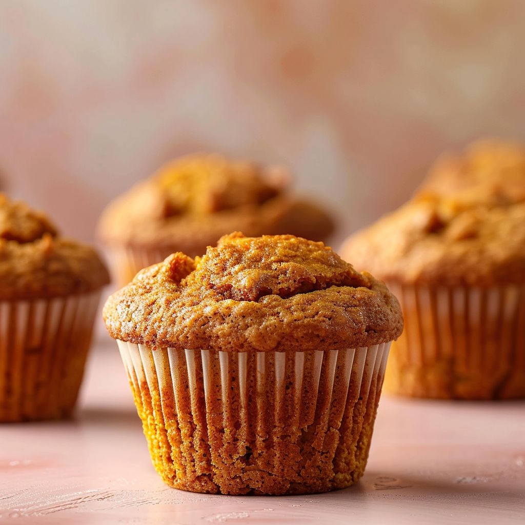 A close-up of pumpkin banana muffins on a pale pink surface, showcasing their texture and color.