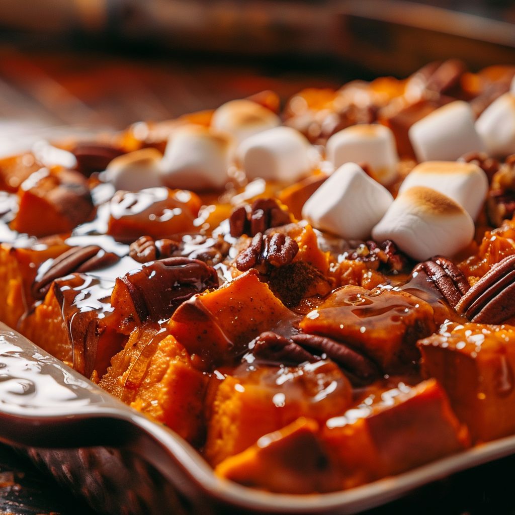 Close-up of Southern Maple Sweet Potato Casserole with a golden-brown topping and marshmallows.