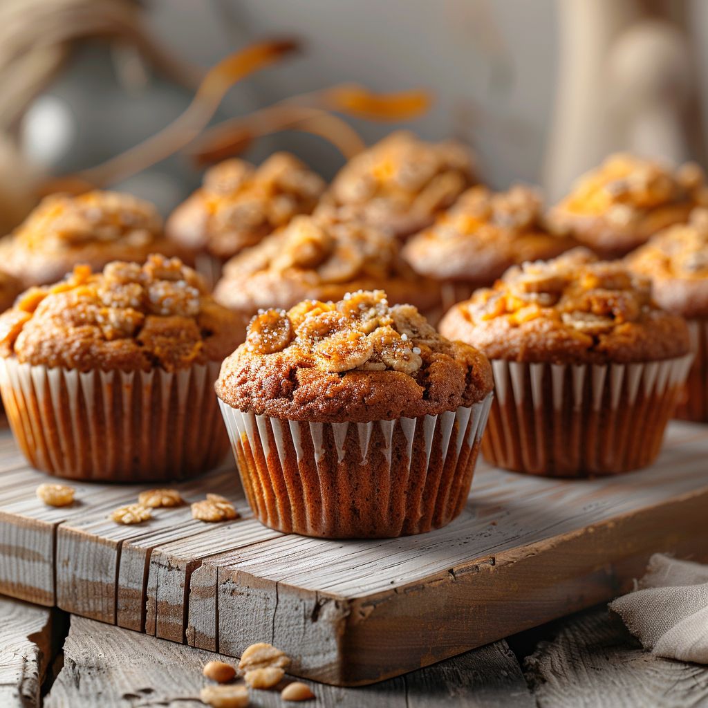 A close-up view of pumpkin banana muffins styled on a light wooden board.