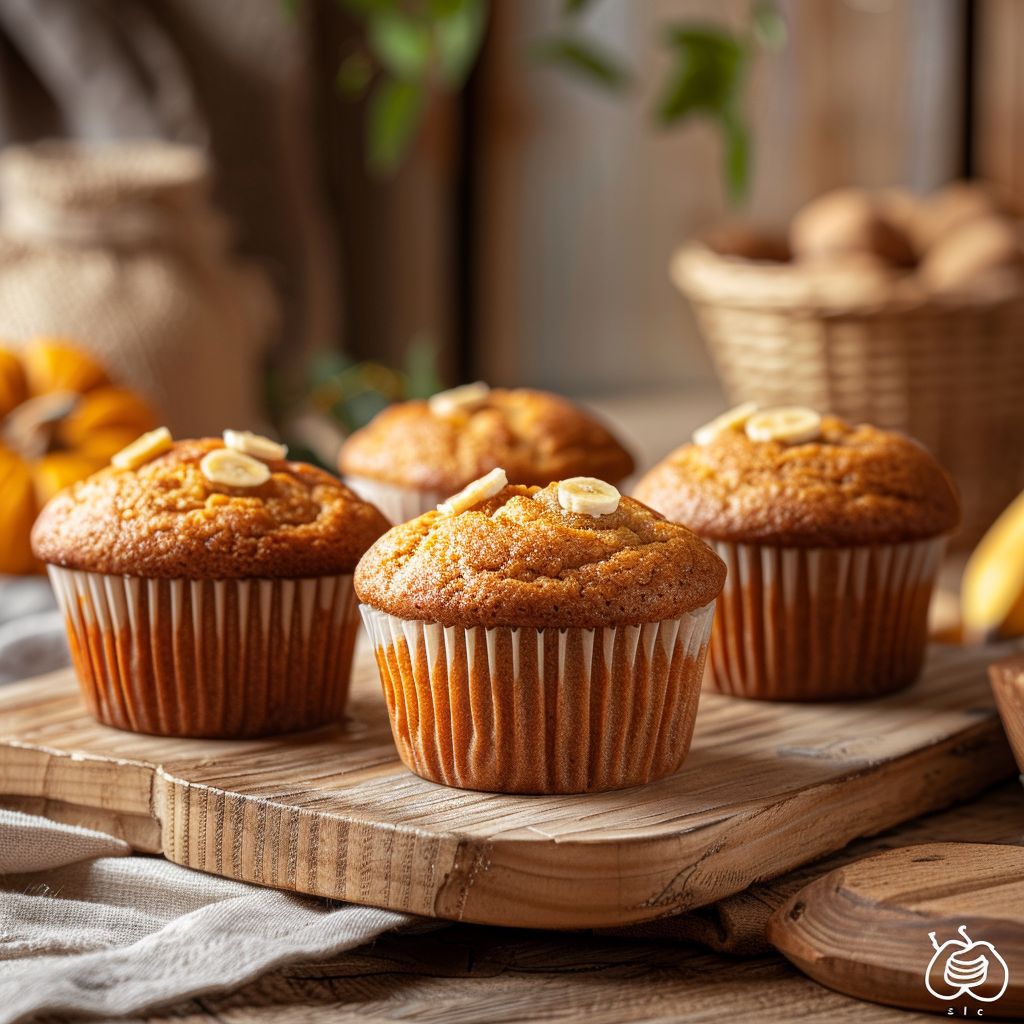 A close-up view of pumpkin banana muffins arranged on a light wood board.