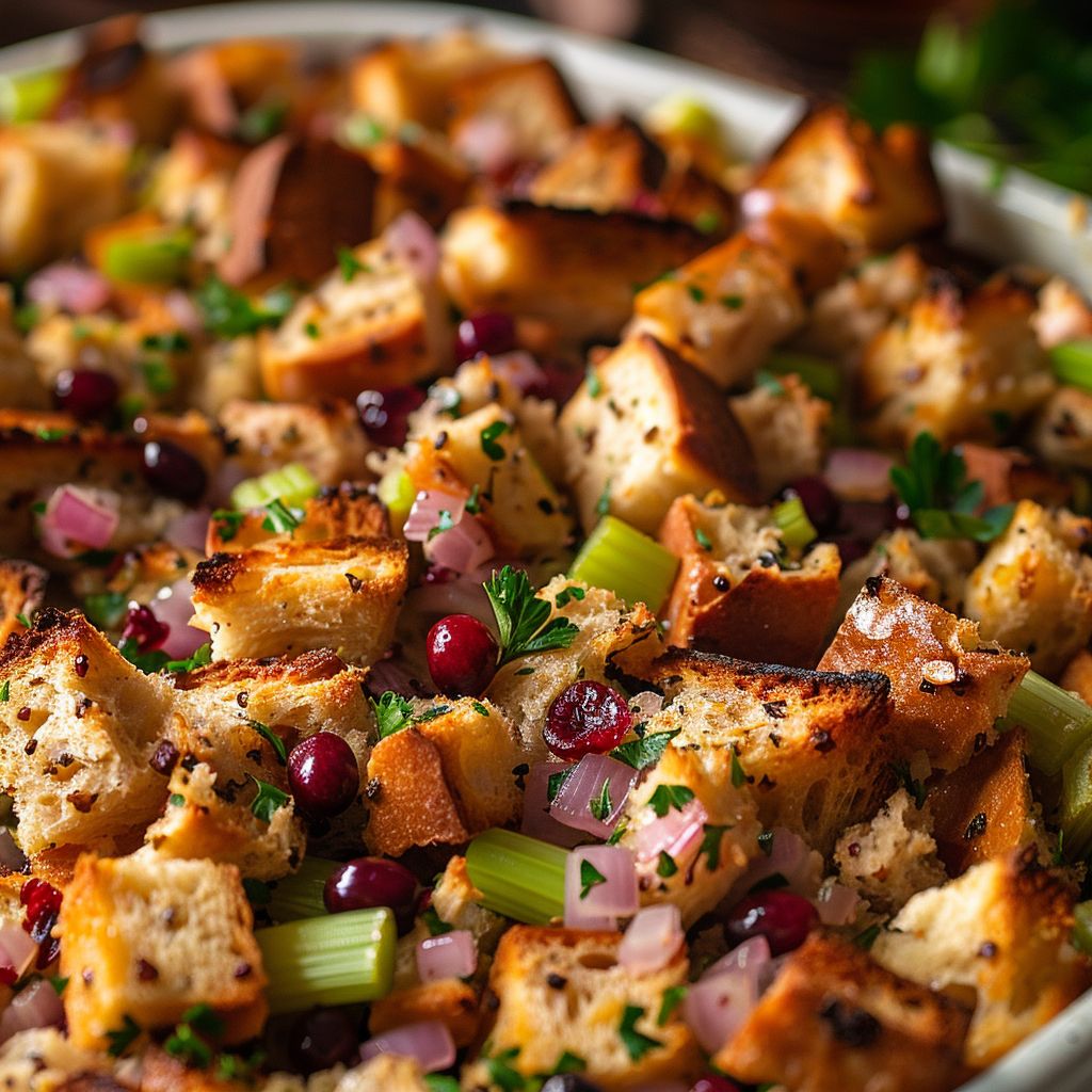 Close-up of a delicious bowl of Classic Cranberry Stuffing with visible ingredients like bread, cranberries, and herbs.