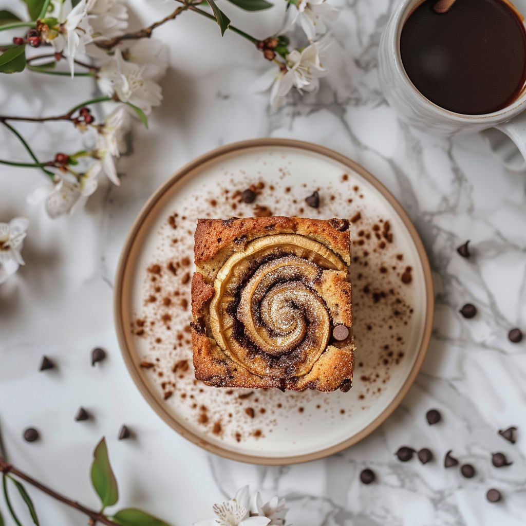Top-down view of chocolate chip cinnamon swirl banana bread on a marble countertop.