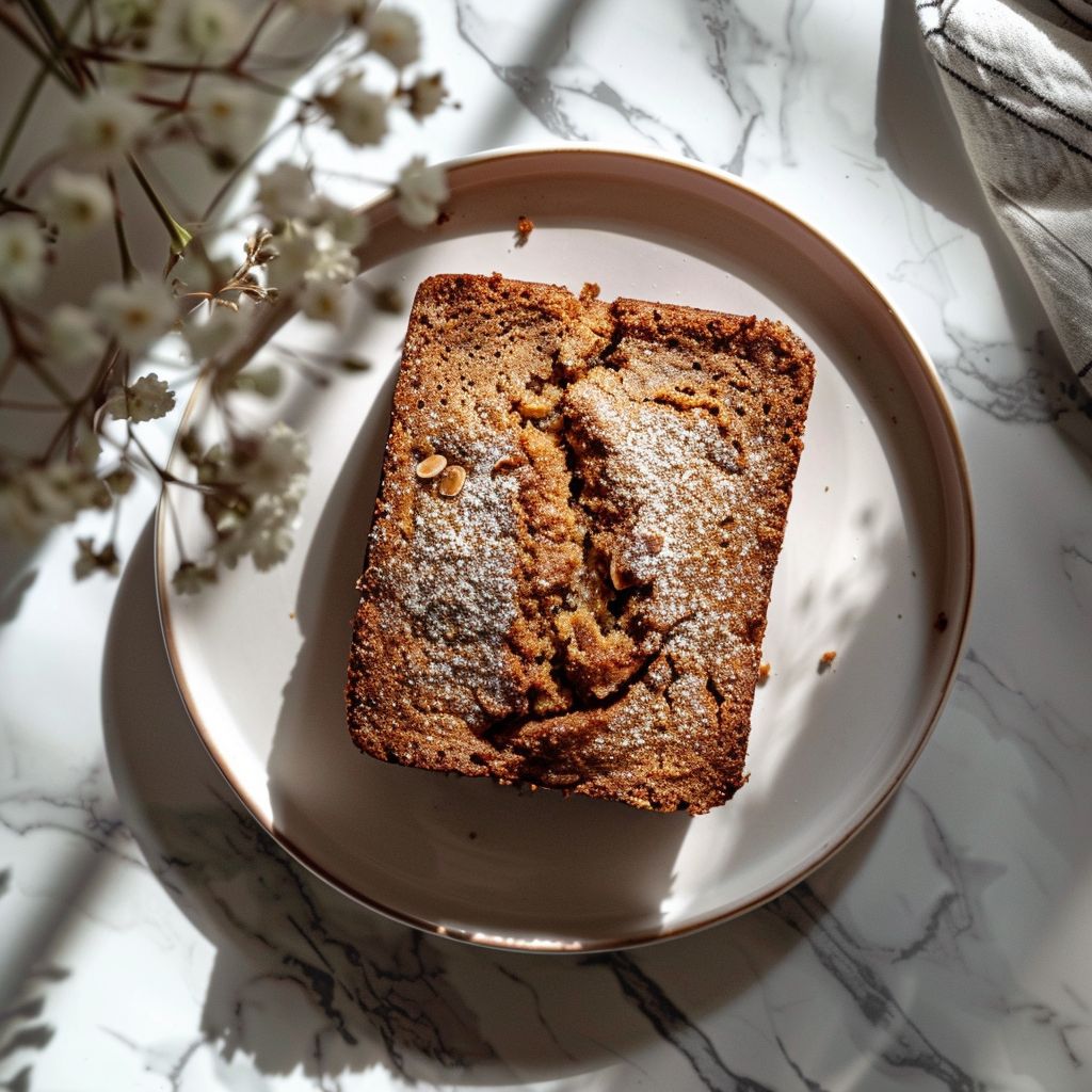 Top-down view of a portion of cinnamon nutmeg banana bread on a white marble countertop.