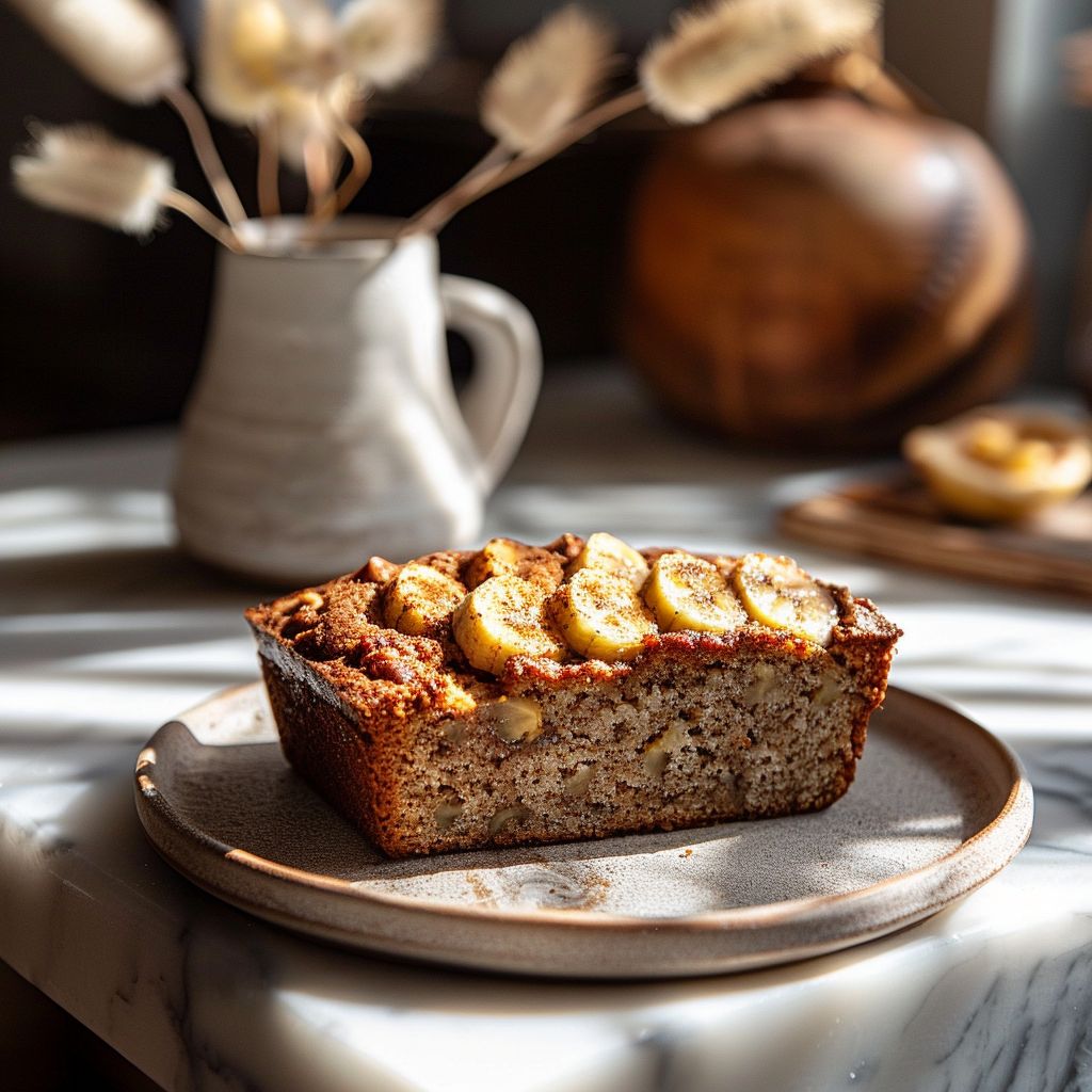 A slice of cinnamon nutmeg banana bread on a light grey ceramic plate.