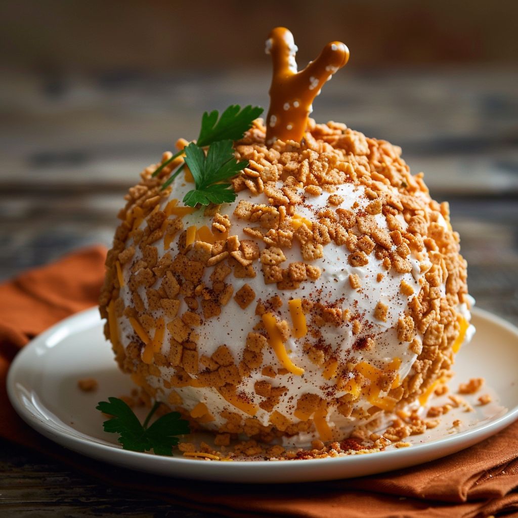 Close-up of a pumpkin-shaped cheese ball with a pretzel rod stem, garnished with parsley.