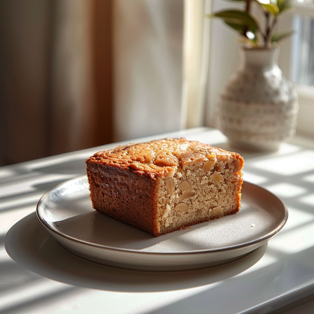Close-up of a slice of banana nut bread on a light grey ceramic plate, showcasing its moist texture.
