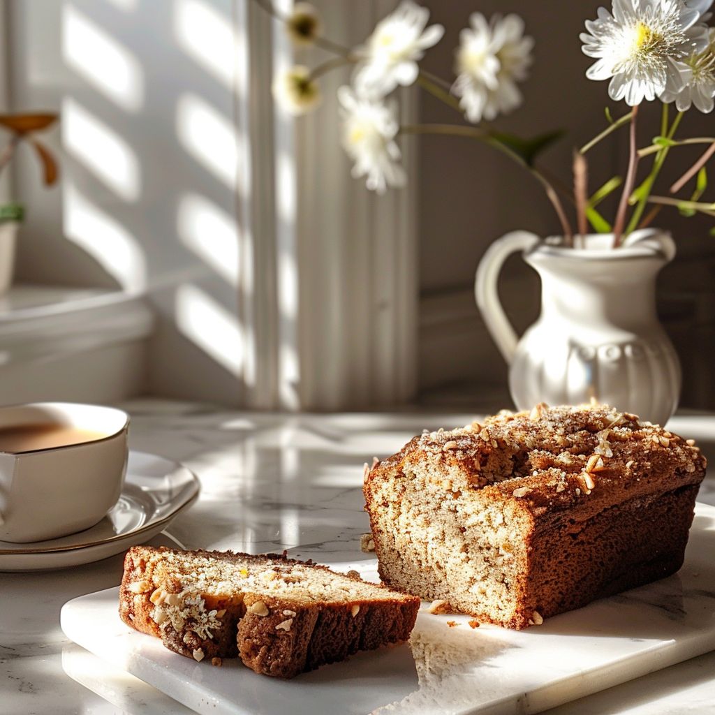 Top-down view of a slice of banana nut bread on a white marble countertop.