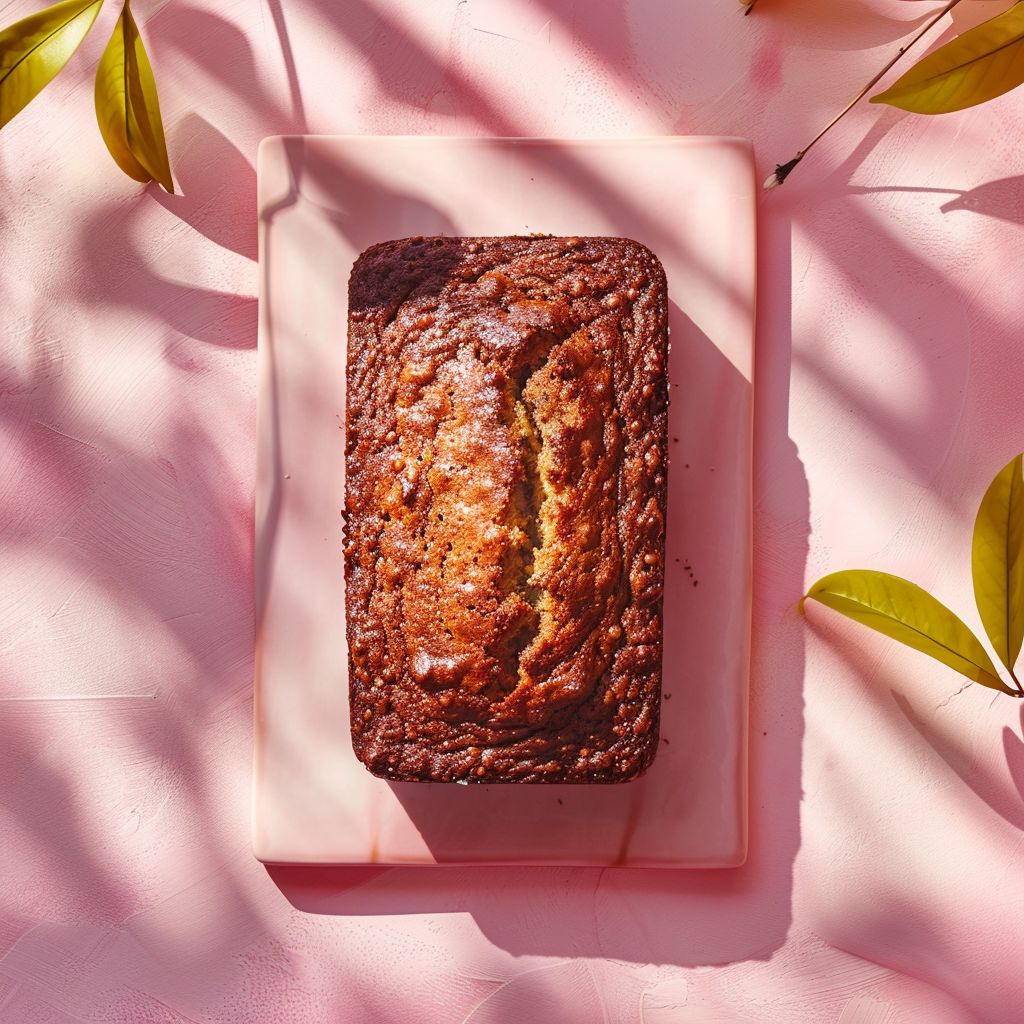 Top-down view of a slice of classic banana bread on a pale pink background.