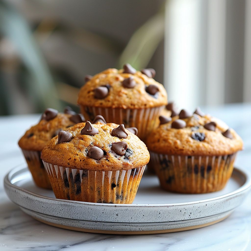 A plate of pumpkin banana chocolate chip muffins arranged on a light grey ceramic dish, illuminated by soft natural light.