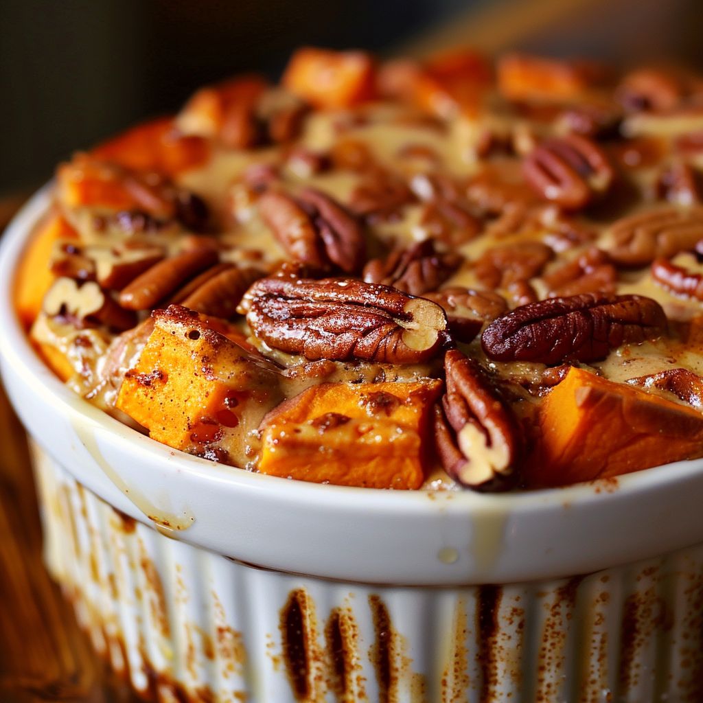 Close-up of a beautifully textured Sweet Potato Soufflé in warm natural light.