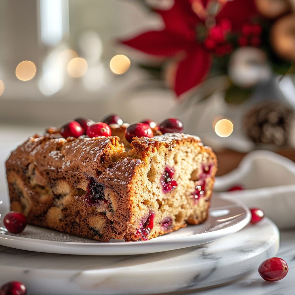 Close-up of a slice of orange cranberry banana bread on a marble countertop.