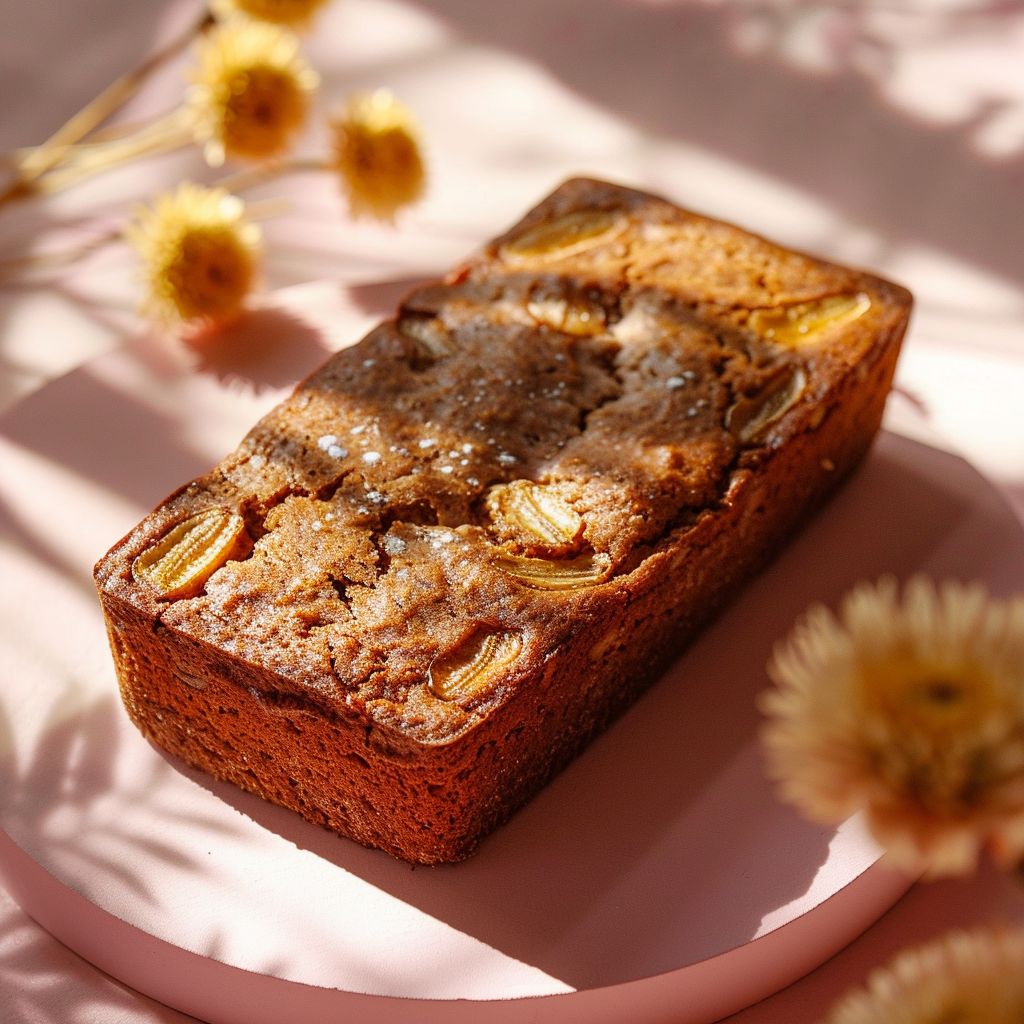 A top-down view of a slice of vegan pumpkin banana bread on a pale pink surface, surrounded by ingredients.