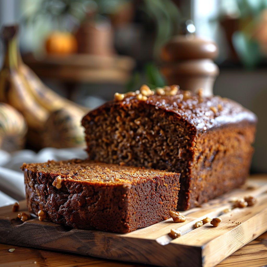 Close-up of vegan pumpkin banana bread slice on a wooden board.