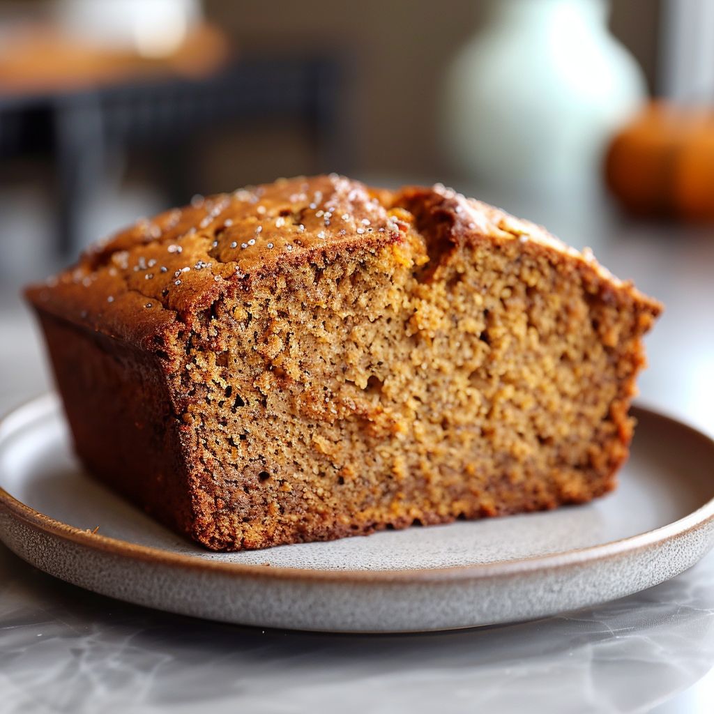 A close-up view of a slice of vegan pumpkin banana bread on a light grey ceramic plate.