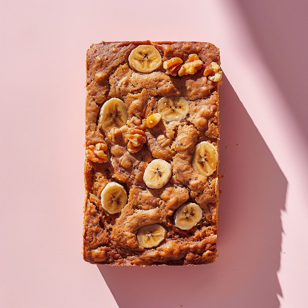 A top-down view of a slice of vegan pumpkin banana bread on a pale pink surface.
