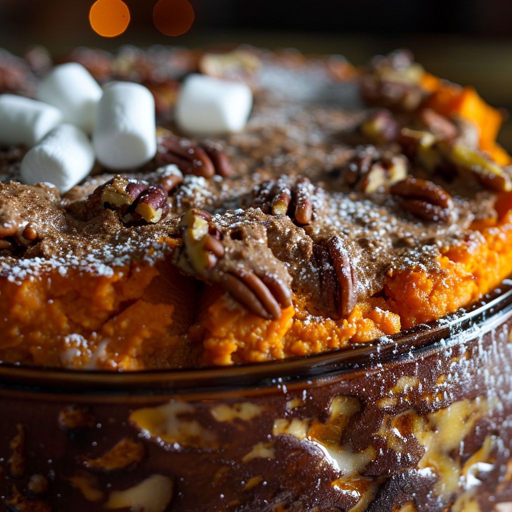Close-up shot of a creamy sweet potato soufflé, topped with mini marshmallows and pecans.