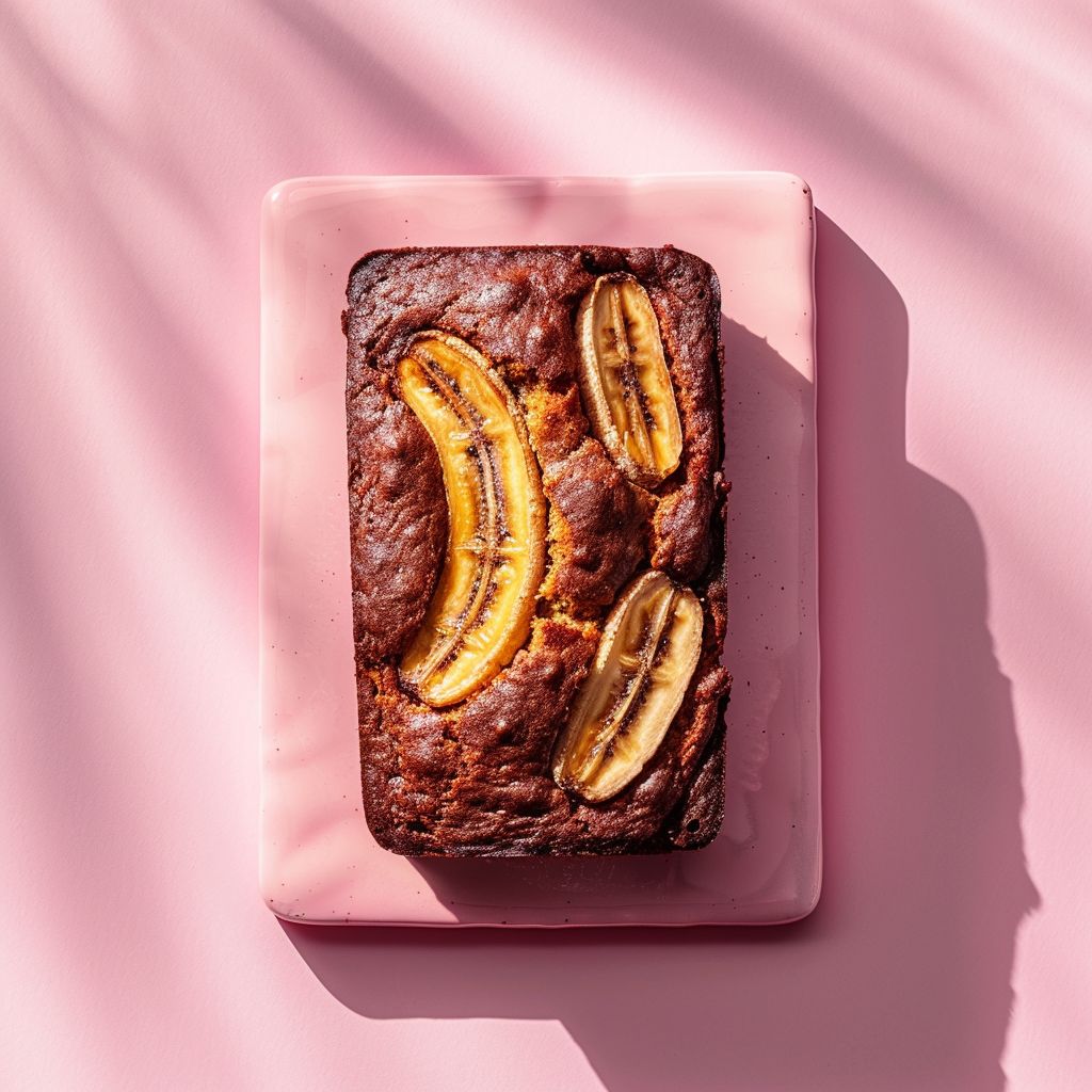 A beautifully styled portion of gluten-free banana bread on a pale pink surface, illuminated by natural light.