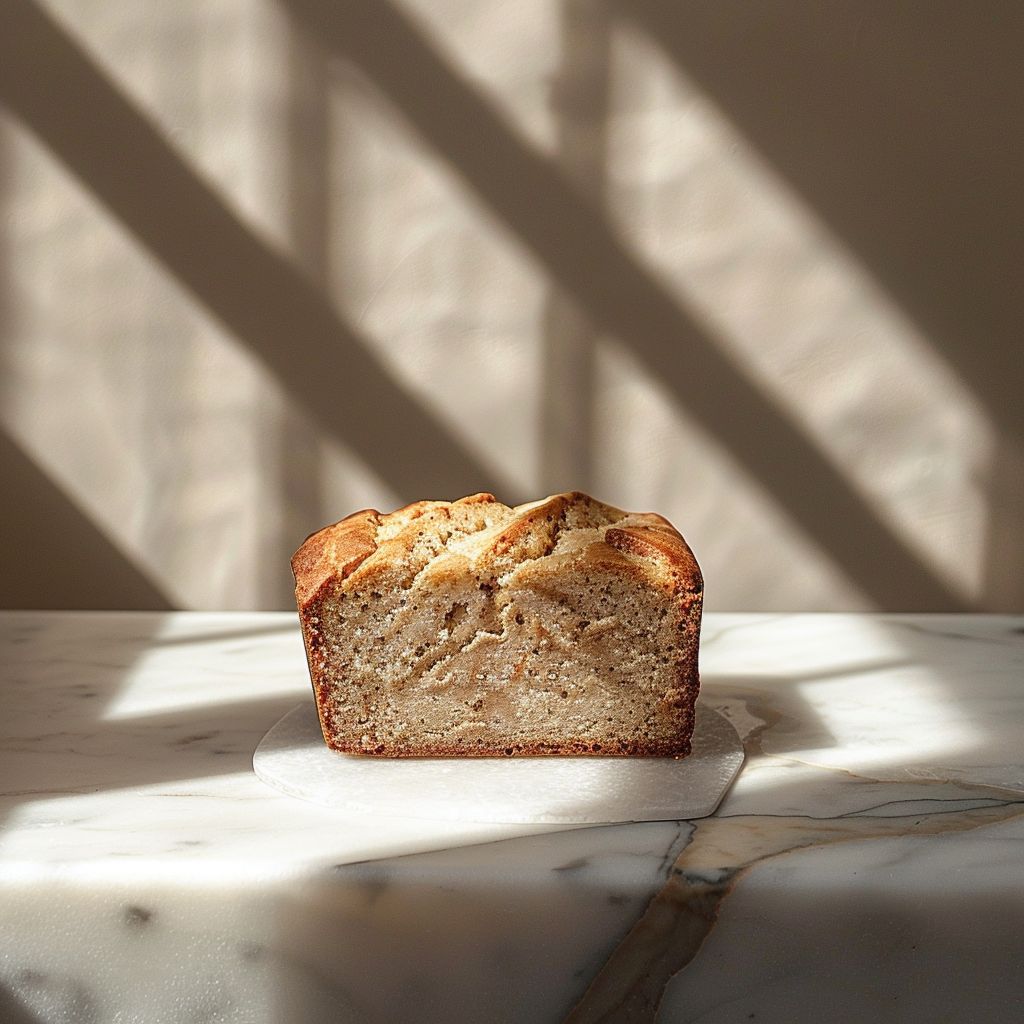 A slice of cream cheese cinnamon swirl banana bread on a white marble countertop, illuminated by natural light.